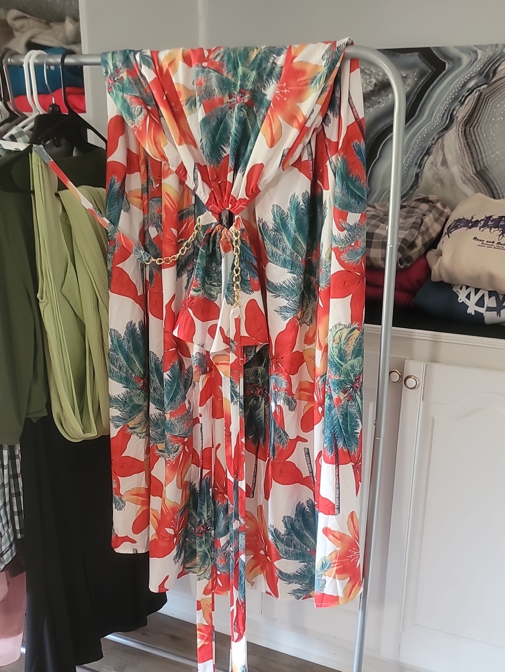 Tropical Floral Halter Dress - Red & Green